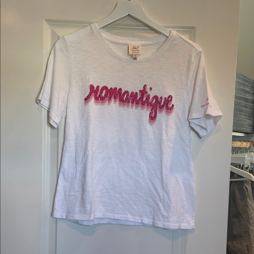 Cinq à Sept White Tee with Pink Script